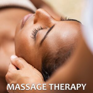 Face of a woman laying face up on a massage table, receiving massage from a massage therapist, overlaid by the words, "Massage Therapy"