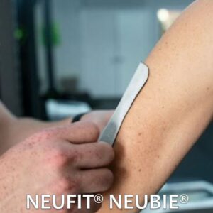 Therapist's hands applying a sticky pad to a client's arm to deliver Neufit Neubie e-stim treatment, overlaid by the words, Neufit Neubie